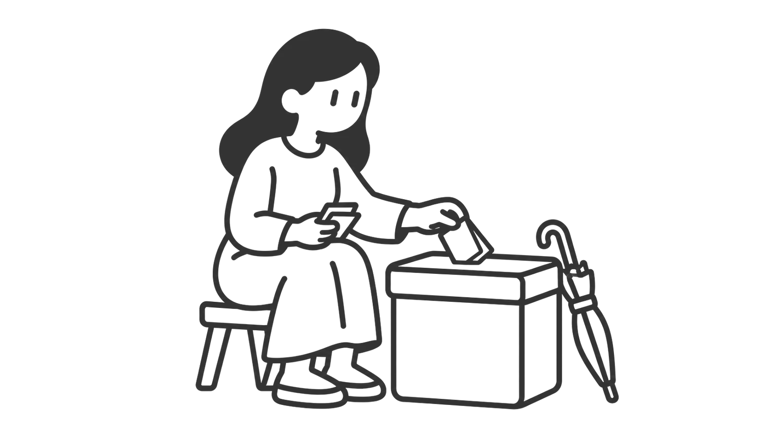 A woman sits on a low stool and places folded notes into a sturdy box, with a small umbrella leaning against it.
